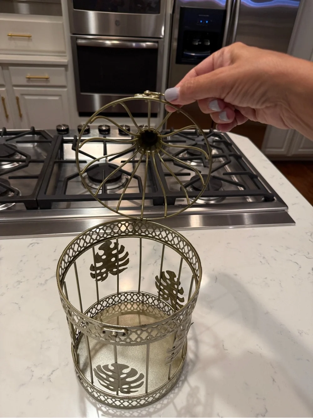 Gold Metal Birdcage Lantern Candle Holder Monstera Leaf Tropical Boho Decor
